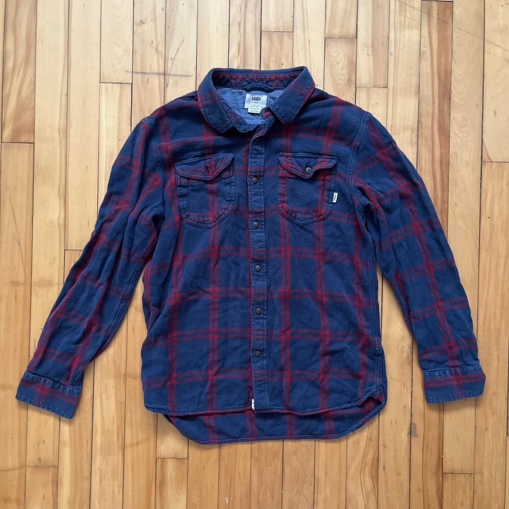 Vans Flannel Shirt Long Sleeve Button Up Plaid Blue Red Tailored Fit Mens Large